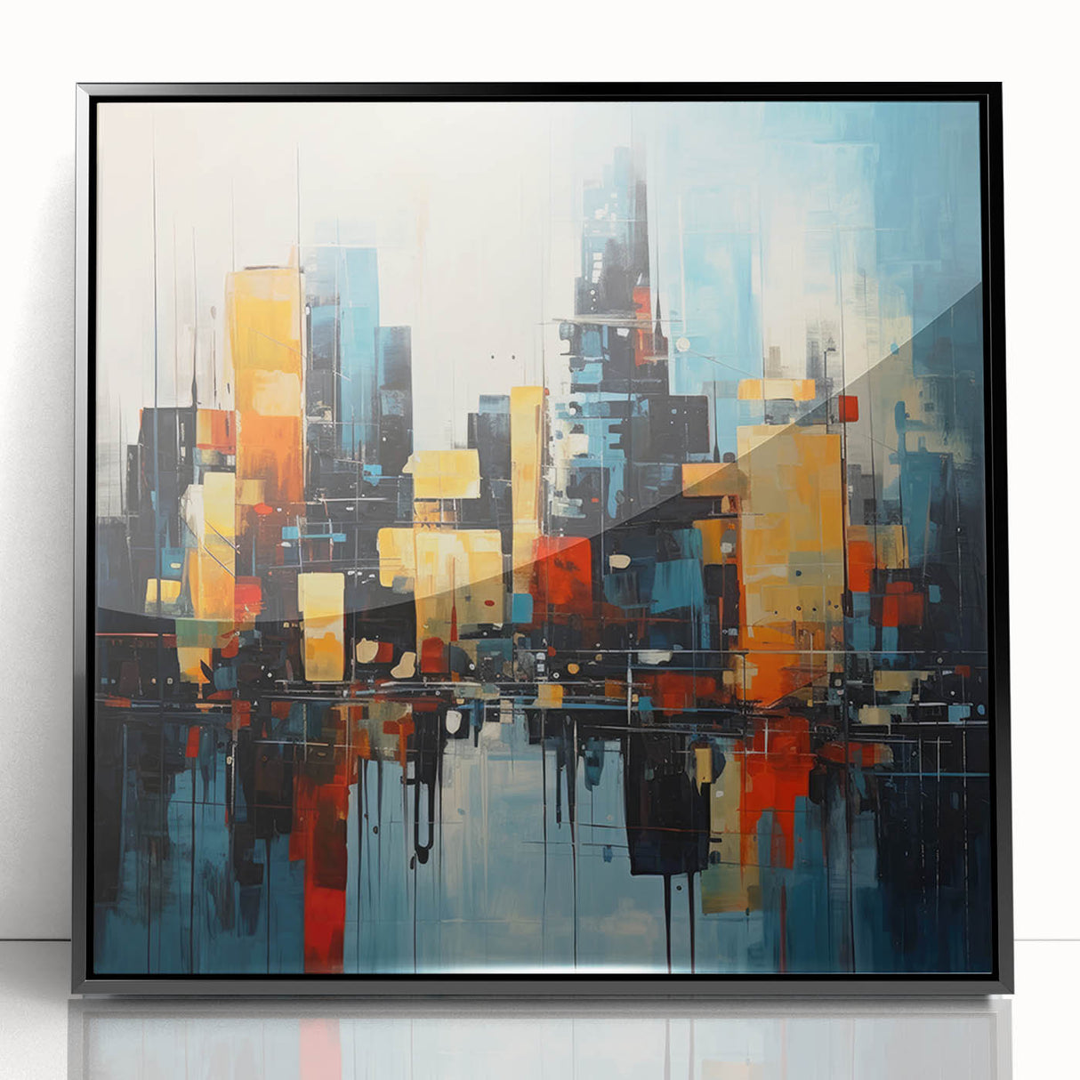 Large abstract wall art of Manhattan skyline in muted black and white tones, acrylic print framed in black.