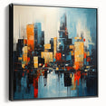 Black and white wall art featuring a vintage poster style Manhattan skyline on framed canvas, suited for bedroom decor.