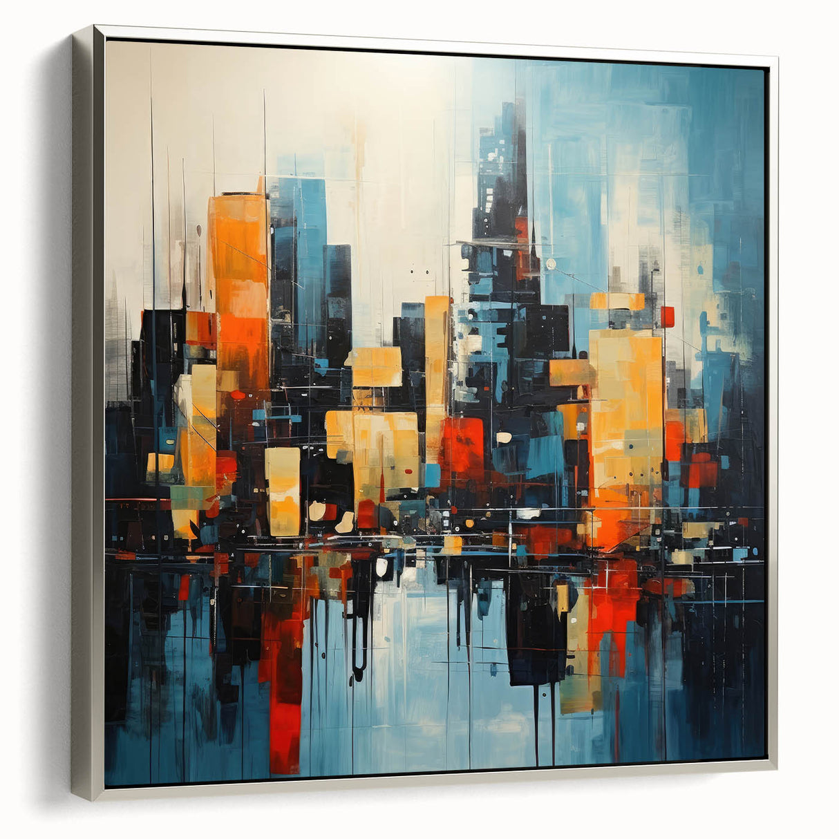 Framed canvas of a vintage-style Manhattan skyline in black with colorful accents, ideal for office decor.