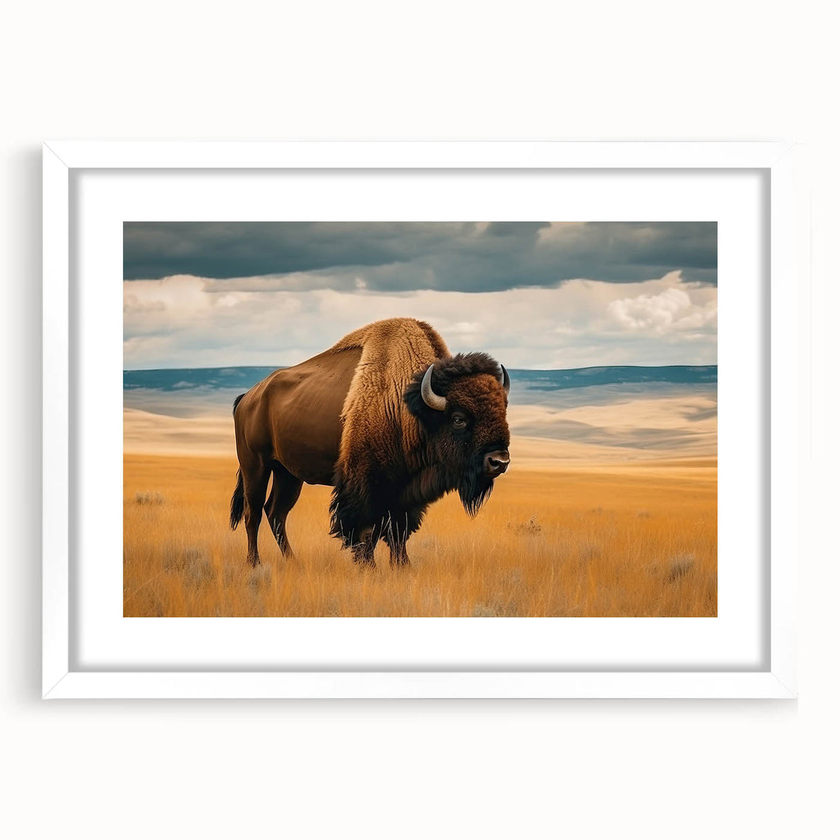 Abstract art print of Oklahoma scenery in muted earth tones on a white matted frame, ideal for dining room decor.