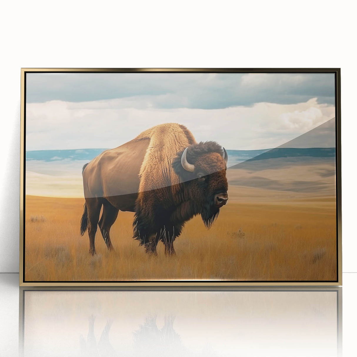 Framed acrylic print of a mid-century modernist Oklahoma scenery in gold tones, suitable for nursery or modern decor.