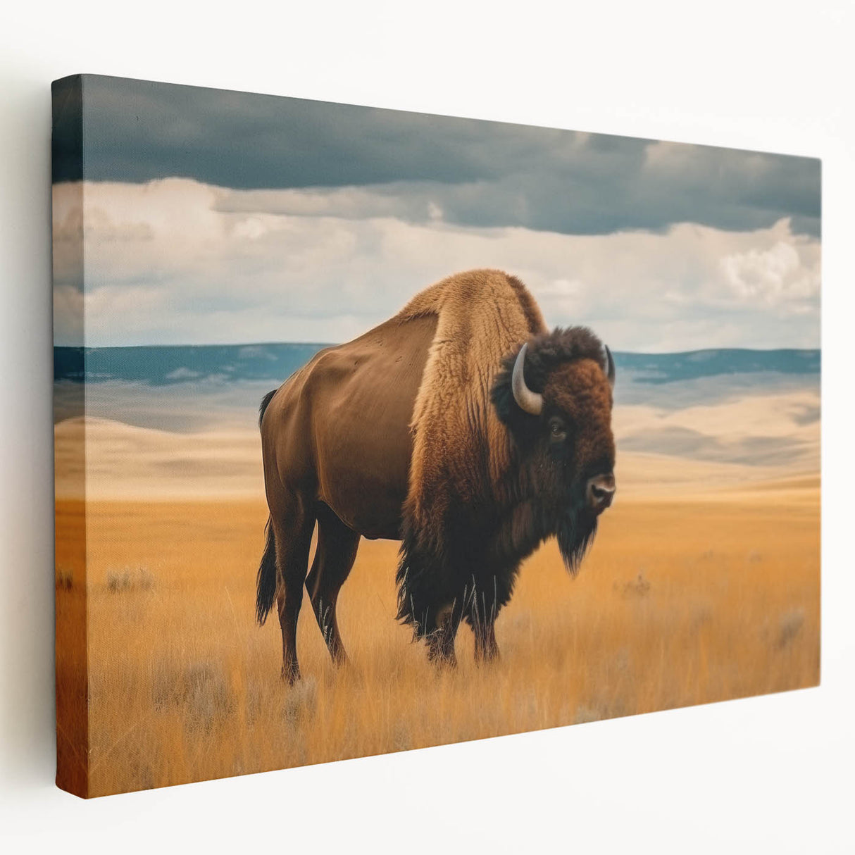 Side view of a stretched canvas featuring a serene Oklahoma landscape in muted earth tones, ideal for kitchen wall art.