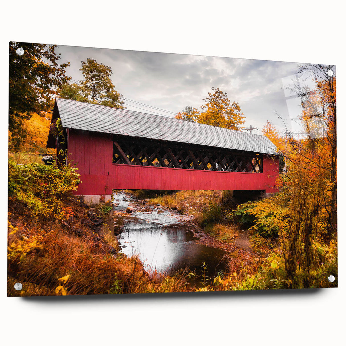 Large abstract wall art depicting a Vermont scenery in muted earth tones on acrylic glass, ideal for dining room ambiance.