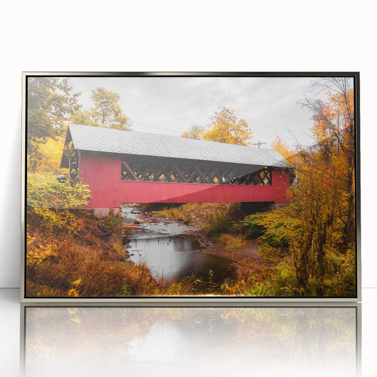 Mid-century modernist art depicting a Vermont landscape in muted earth tones on a framed acrylic panel.