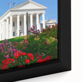 Framed canvas of a textured Virginia landscape in black with colorful accents, ideal for living room decor.