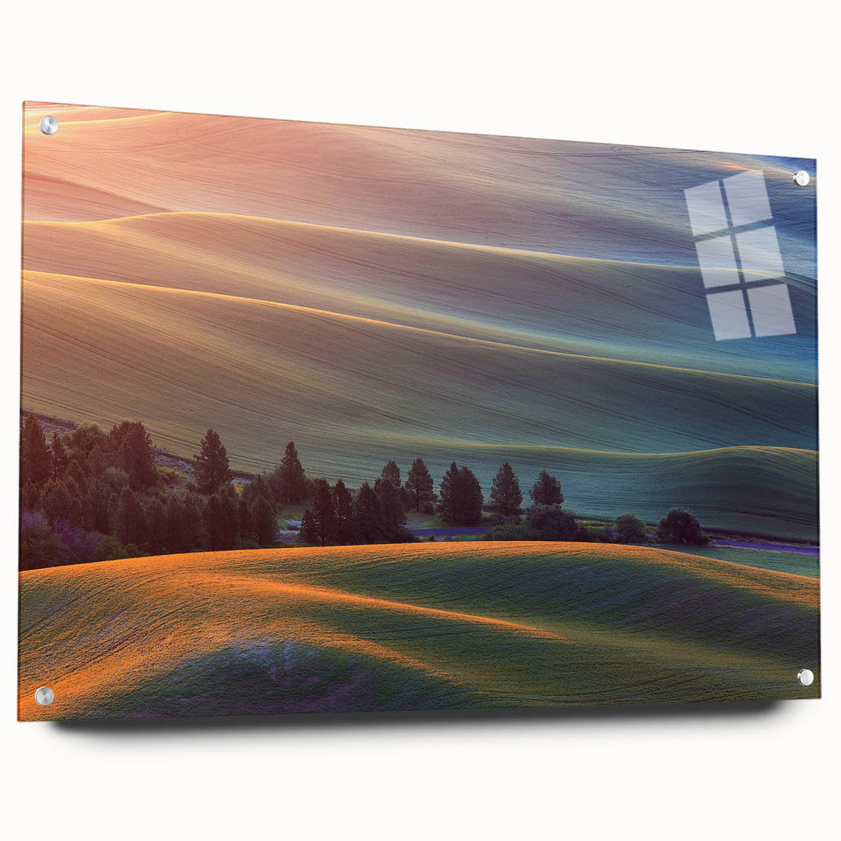 Acrylic print of a Palouse, Washington landscape in muted earth tones, ideal for dining room decor.