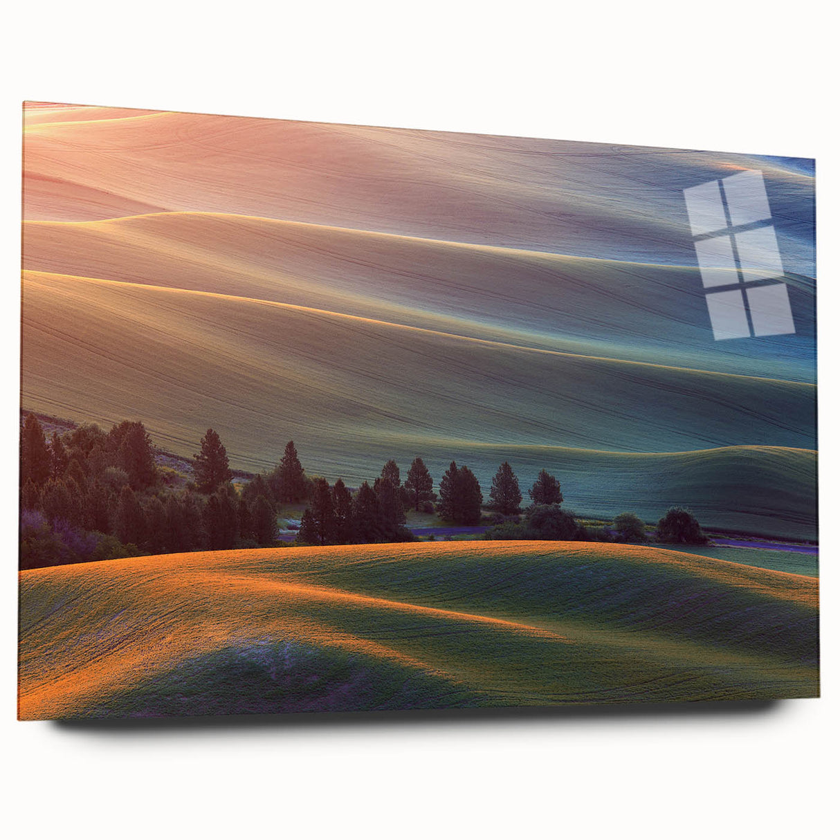 Large abstract wall art depicting Palouse, Washington, in muted earth tones on acrylic glass.