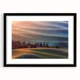 Extra large abstract art print of colorful, textured Palouse scenery on a framed black mat, ideal for living room decor.