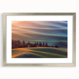 Textured art print of abstract rolling hills in soft green and brown hues on a silver-framed mat, ideal for bedroom decor.