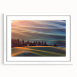 Abstract art print of Palouse, Washington landscape in muted earth tones on a framed white mat, ideal for dining room decor.