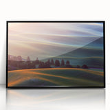 Large abstract wall art depicting the rolling hills of Palouse, USA in muted earth tones, acrylic print in a black frame.