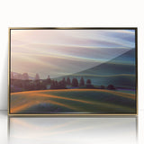 Mid-century modernist landscape of the Palouse in muted earth tones, framed acrylic print.