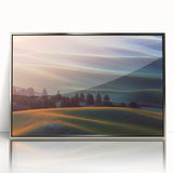 Mid-century modernist art of Palouse, Washington, in muted earth tones on a framed acrylic print.