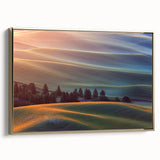 Framed canvas of a vintage-style Palouse landscape in muted greens and golds, ideal for bedroom wall art.