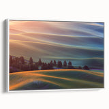 Vintage poster art of Palouse, Washington scenery on a framed canvas with colorful details, suited for living room decor.