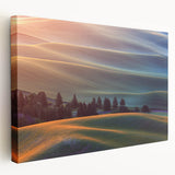 Large art depicting the rolling hills of Palouse, Washington in shades of green and brown on stretched canvas.