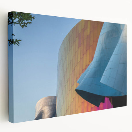 Side view of a stretched canvas featuring a detailed Seattle skyline in muted gray and blue tones.