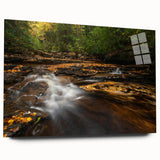 Large abstract wall art of West Virginia scenery in vibrant green and blue tones on acrylic glass.