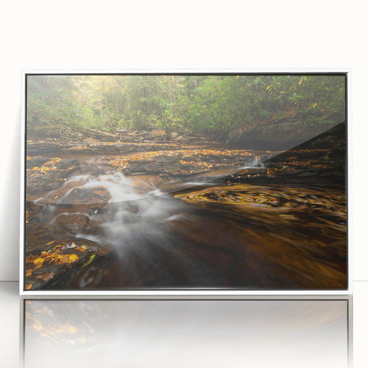 Acrylic print of a scenic West Virginia landscape in muted green and blue tones, framed in white.
