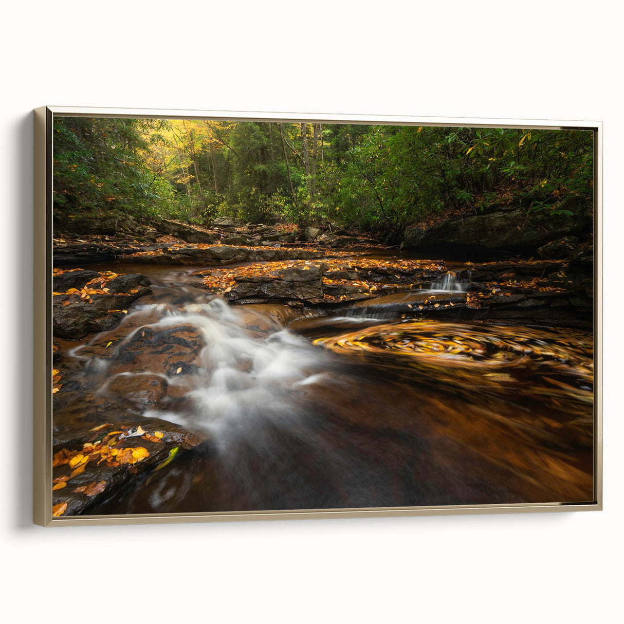 Framed canvas featuring a vintage-style landscape of West Virginia with black and gold tones, ideal for bedroom wall art.