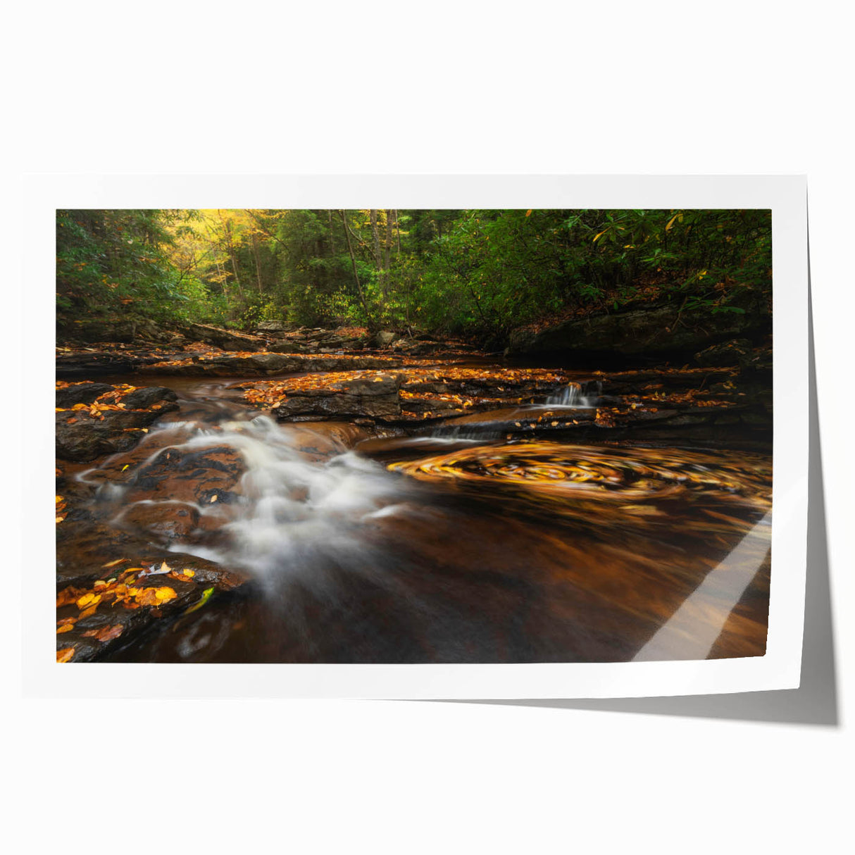 Rolled print of a West Virginia landscape with lush greenery and soft pastel sky, ideal for art wall dining room.