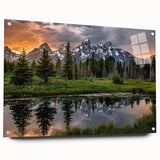 Acrylic print of the Grand Tetons in Wyoming, featuring earthy tones, suitable for bedroom or dining room decor.