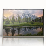 Mid-century modernist art of Wyoming's Grand Tetons in cool gray tones, framed acrylic, suitable for nursery wall art.