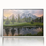 Modern art wall decor featuring a scenic view of the Grand Tetons in Wyoming, presented in a white framed acrylic.