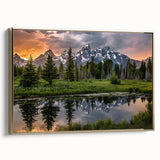 Framed canvas of a vintage-style landscape painting depicting the Grand Tetons in muted earth tones.