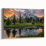 Landscape art painting of the Grand Tetons with muted earth tones on a framed canvas.