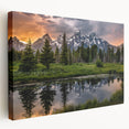 Large art print of the Grand Tetons in muted earth tones on stretched canvas, suitable for kitchen wall art.