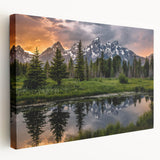 Large art print of the Grand Tetons in muted earth tones on stretched canvas, suitable for kitchen wall art.