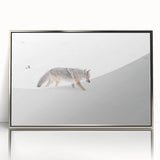 Mid-century modernist art depicting Yellowstone scenery in muted earth tones on a silver-framed acrylic print.