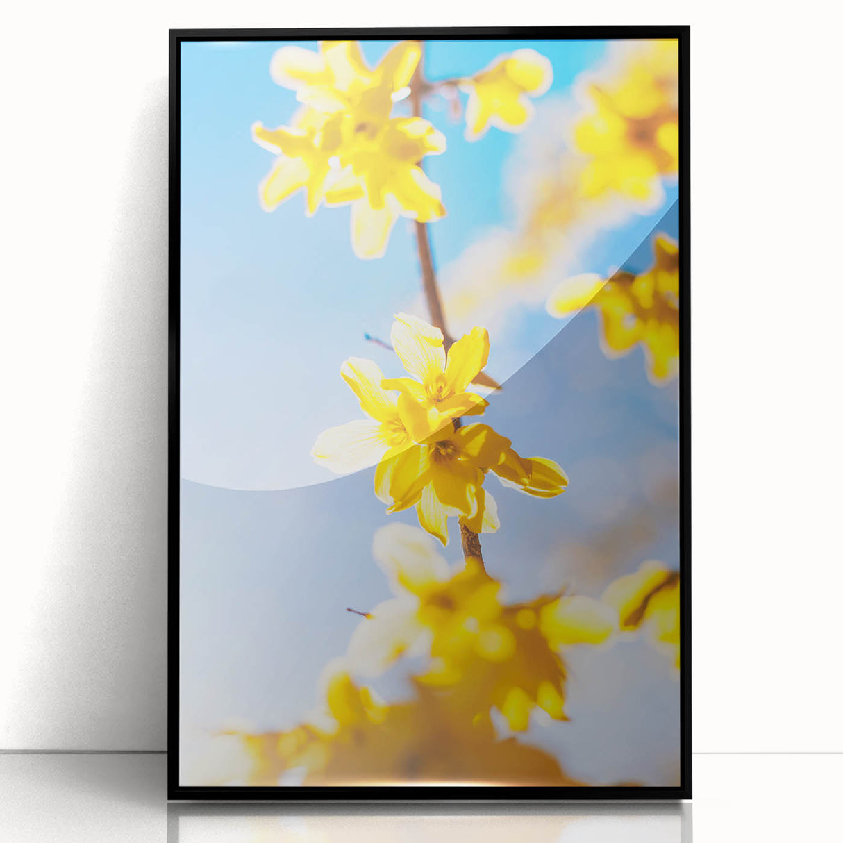 Large abstract wall art featuring spring-themed colors in mid-century modernist style on a black framed acrylic.