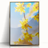 Large art print of a mid-century modernist spring scene in vibrant green and gold tones, acrylic framed.