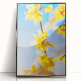 Mid-century modernist art depicting spring with pastel shades on a framed acrylic print, suitable for nursery wall art.