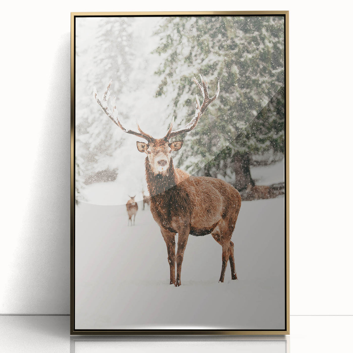 Winter-themed mid-century modernist art print on framed acrylic, featuring cool blue and white tones.