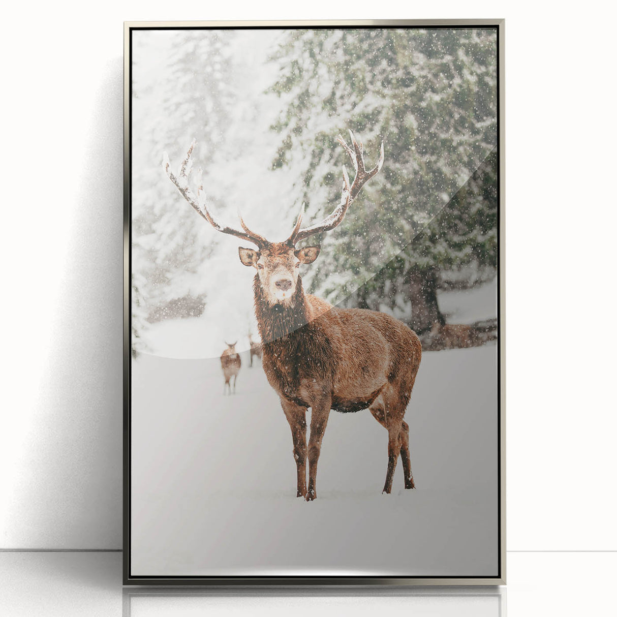 Mid-century modernist art depicting a winter scene in acrylic, framed in silver, ideal for nursery wall decor.