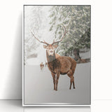 Art deco poster of a winter scene in muted blue and white tones, framed acrylic, ideal for nursery wall decor.