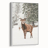 Vintage poster art of a winter scene on framed canvas, featuring muted blue and white tones, ideal for living room decor.