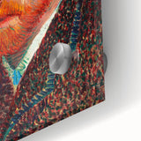 Large abstract wall art print of swirling blues and yellows on acrylic glass, mid-century modernist style.