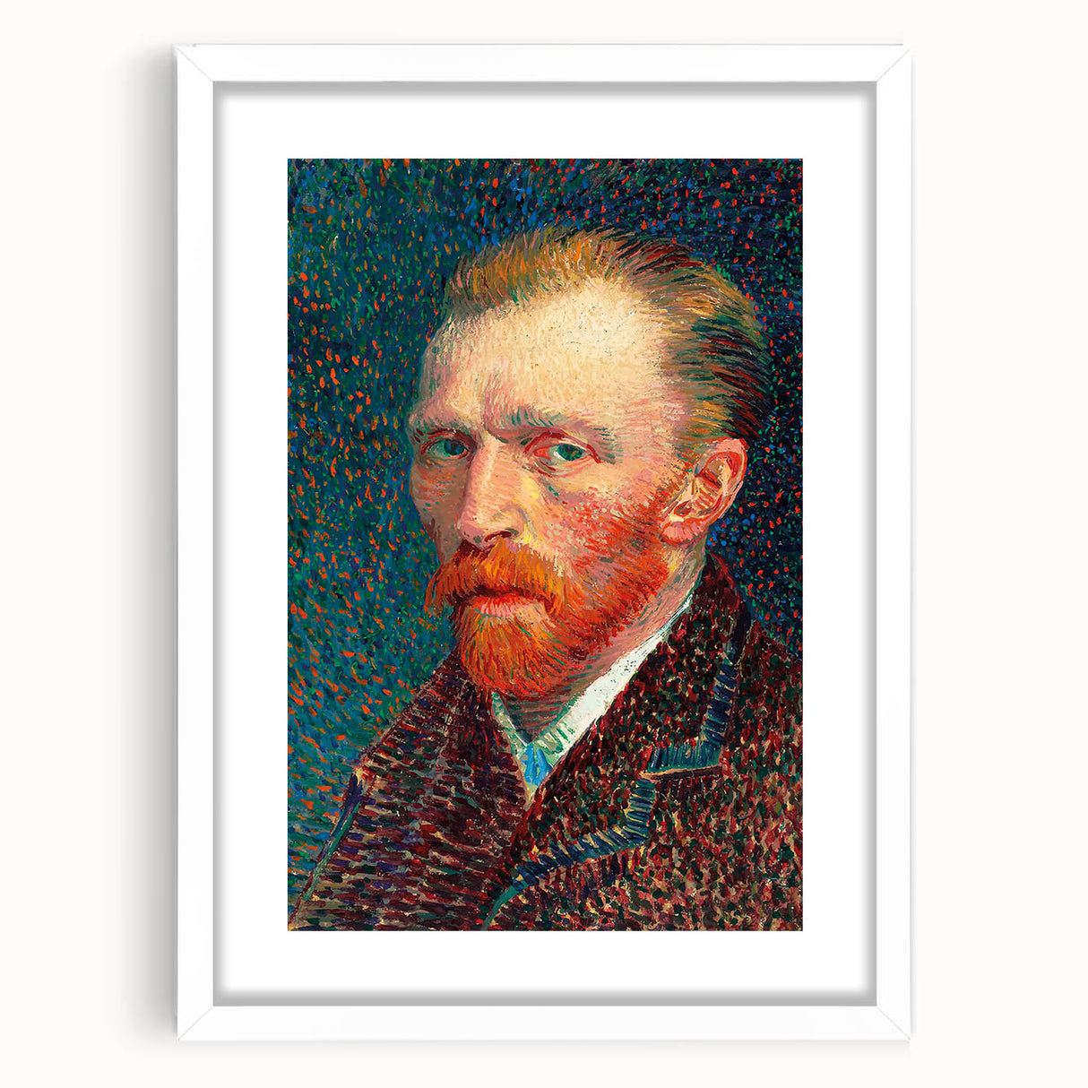 Abstract art print depicting swirling blue and yellow patterns on a white-framed canvas.