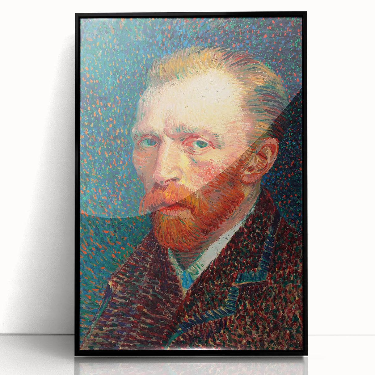 Large abstract wall art featuring swirling blue and yellow patterns on a black acrylic frame.