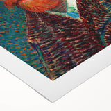 Art deco poster of a starry night scene, featuring deep blue and yellow tones on a rolled canvas.