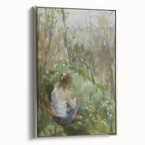 Silver-framed abstract figurative wall art canvas showcasing vibrant colors and dynamic shapes, perfect for modern home decor. Side view highlights the elegant frame.