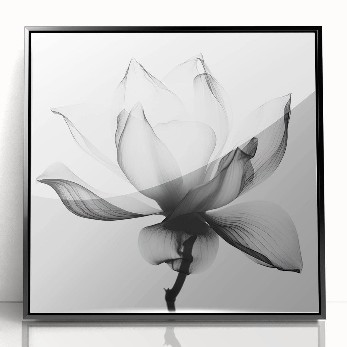 Framed acrylic artwork showcasing an abstract floral design with vibrant colors, set against a sleek black frame, perfect for modern home decor.