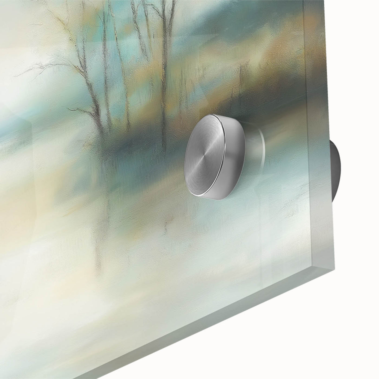 Close-up of an abstract landscape acrylic glass artwork showcasing vibrant hues of blue and green, highlighting intricate textures and details for modern decor.