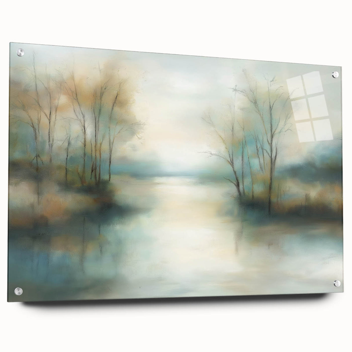 Abstract landscape artwork displayed on acrylic glass, showcasing vibrant colors and dynamic shapes, enhanced with decorative pins for added depth. This modern piece adds sophistication to any interior decor.