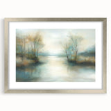 Abstract landscape artwork framed with a silver mat, showcasing a serene blend of blues and greens, ideal for modern home decor or office spaces.