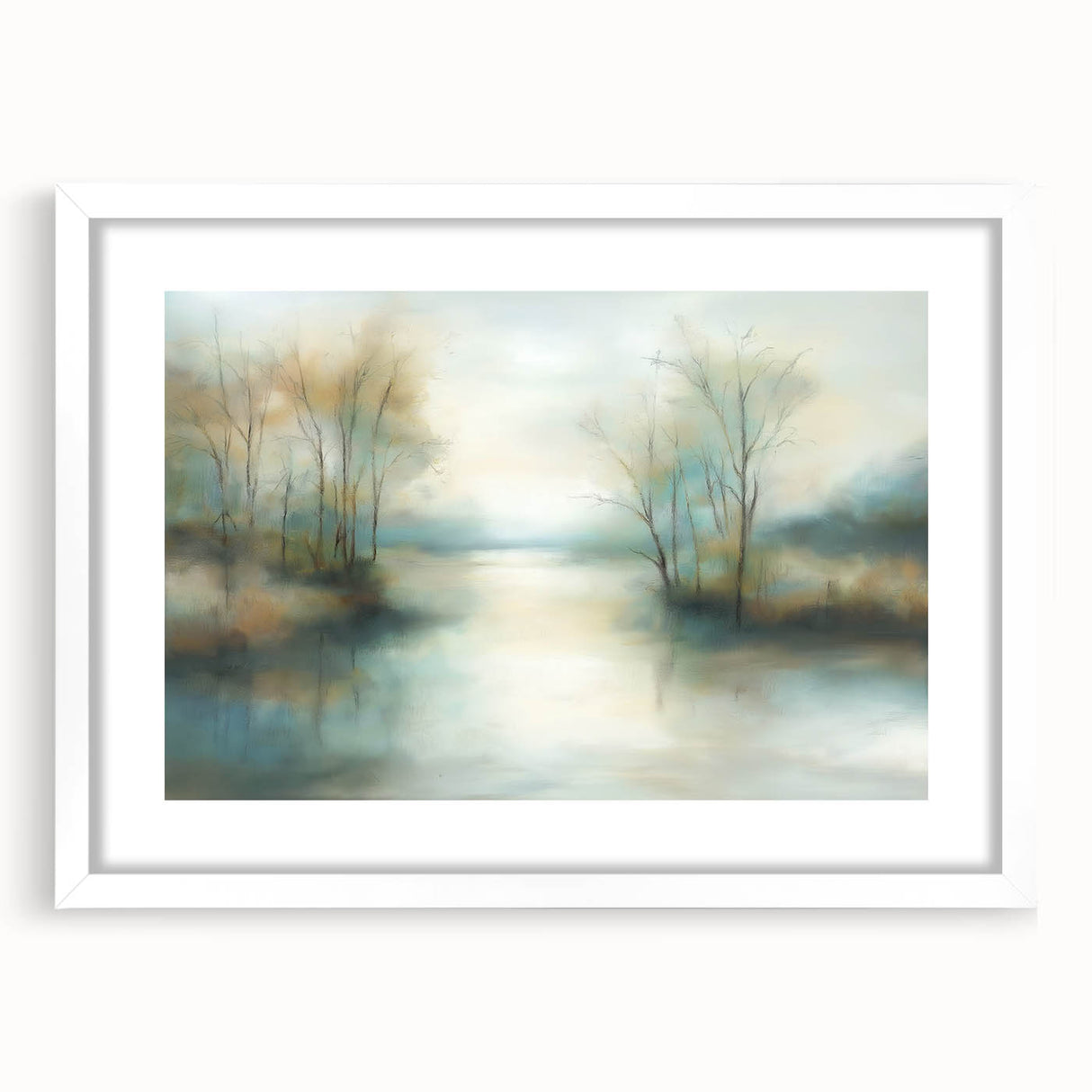 Abstract landscape artwork displayed in a sleek white frame with a mat, showcasing vibrant colors and intricate details that enhance modern decor aesthetics.